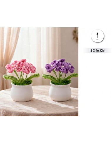 Set 3 piezas maceta con flor crochet